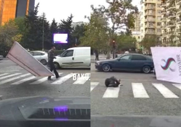 В Баку информационный стенд сбил с ног пешехода (Видео)